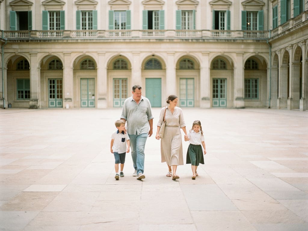 Family walking through a spacious formal palace courtyard