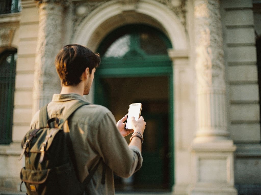 Traveler reviewing a route outside an ornate palace entrance